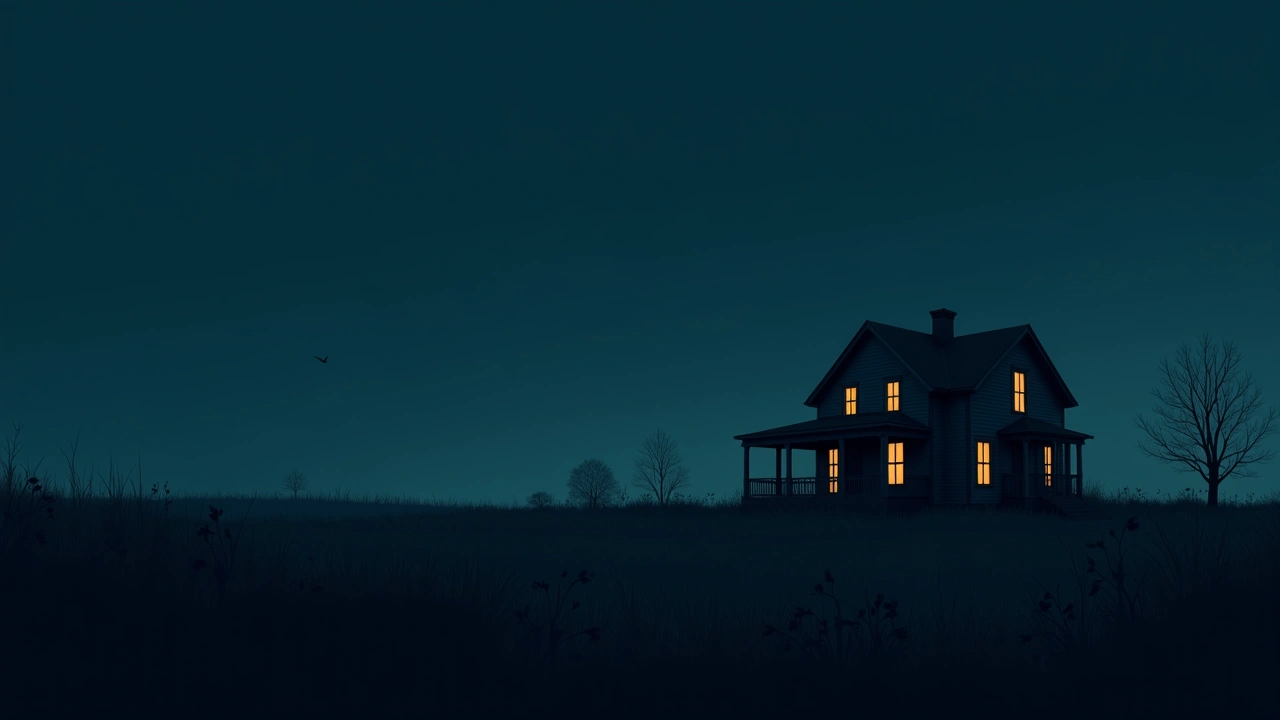 Illustration: An old rural house at dusk seen across an overgrown field, windows dark.