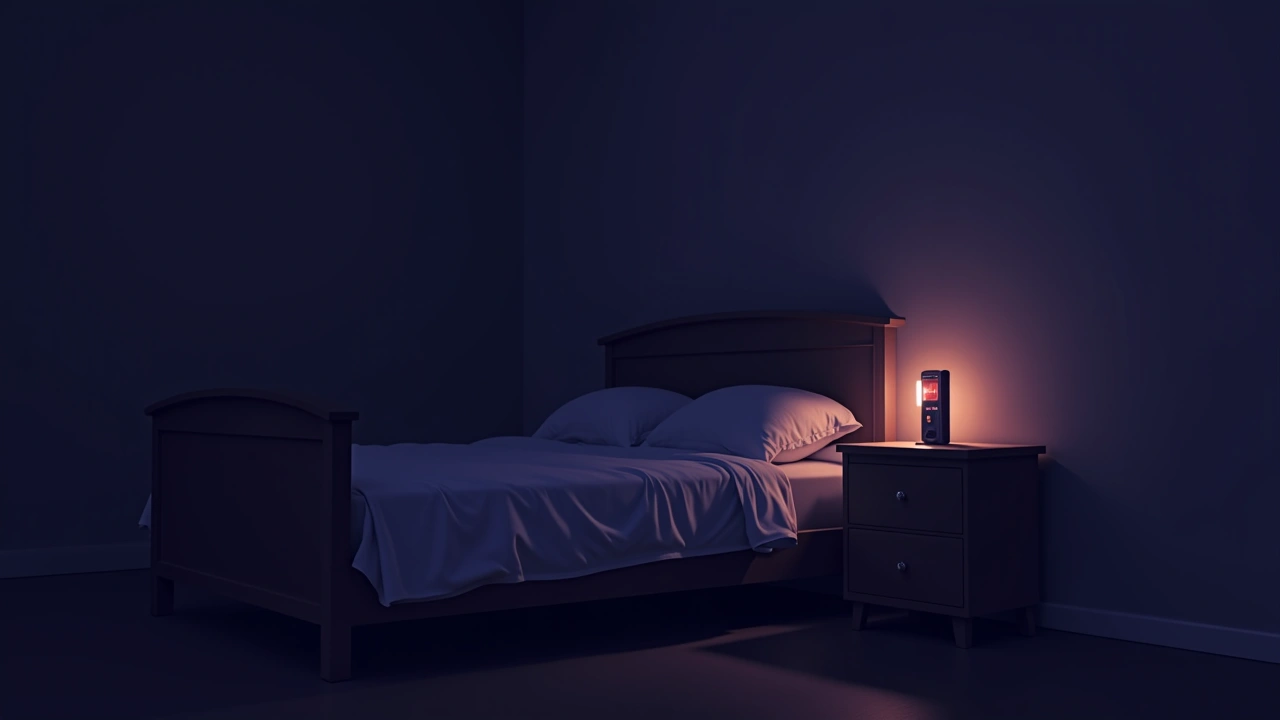 Illustration: a dim bedroom at midnight, a small EMF meter beeping on a nightstand.