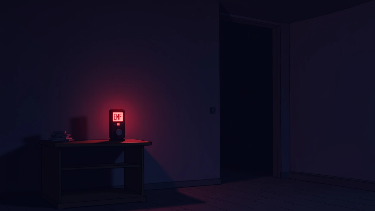 Illustration: A dim room at night with an EMF meter glowing red on a shelf, shadows stretching along the wall.