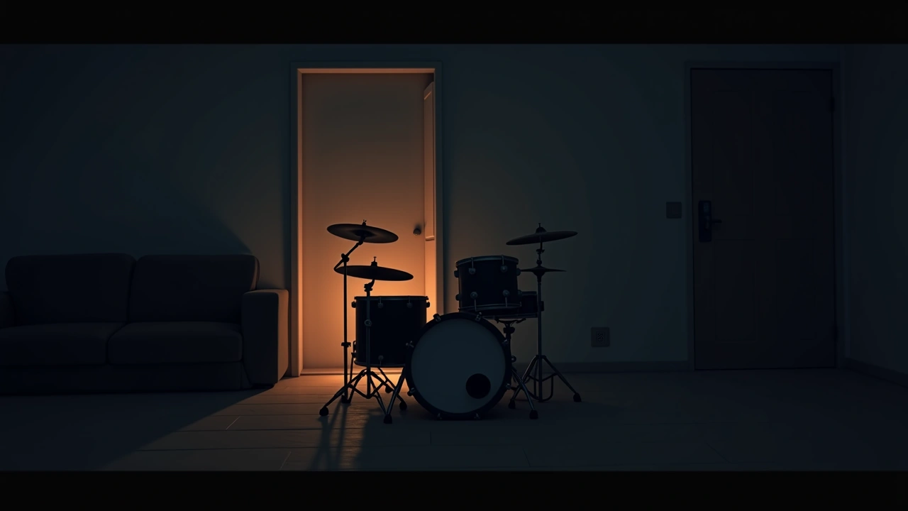 Illustration: an empty living room with a drum kit in dim evening light.