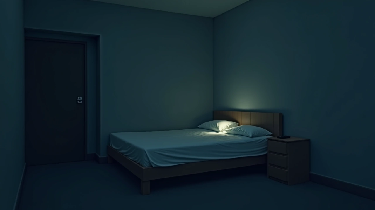 Illustration: a dark bedroom at night, faint glow from a phone screen beside the bed.