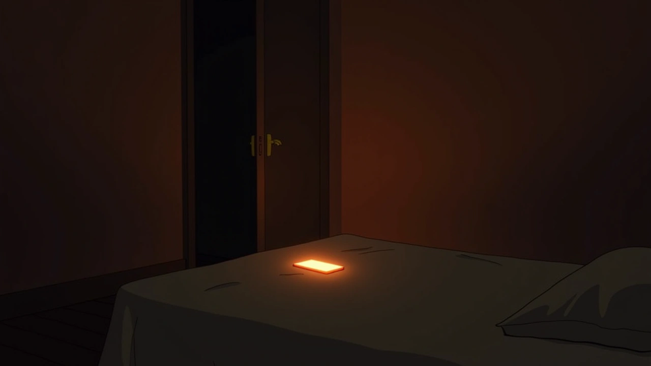 Illustration: a phone glowing on a bed in a dim bedroom, door left ajar.