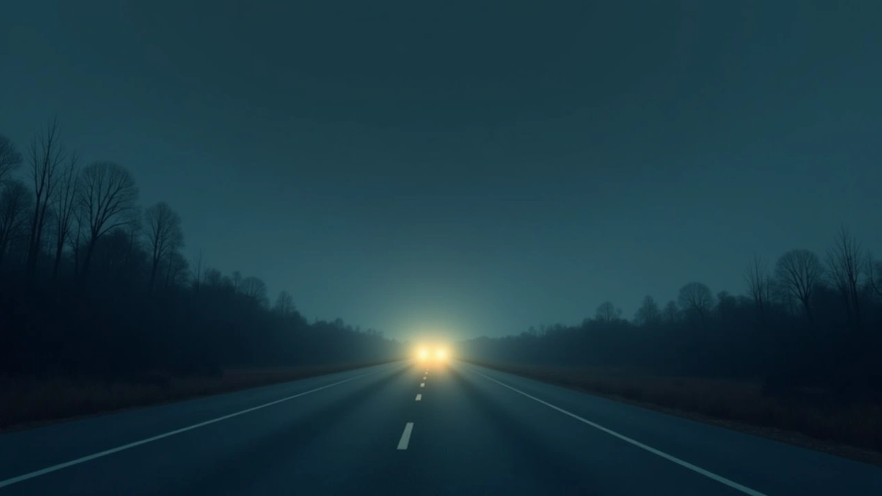 Illustration: a quiet highway at dusk lit only by fading headlights.