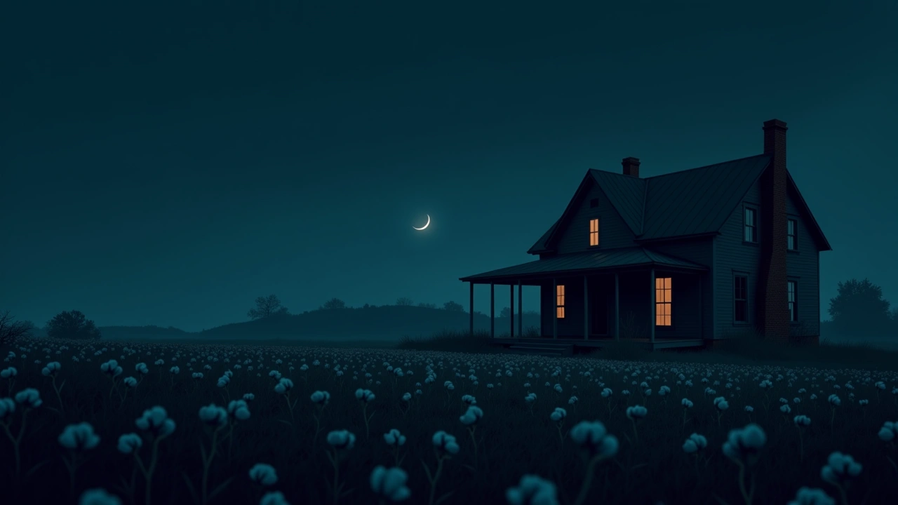 Illustration: an old overgrown cotton field at dusk beside a weathered farmhouse.