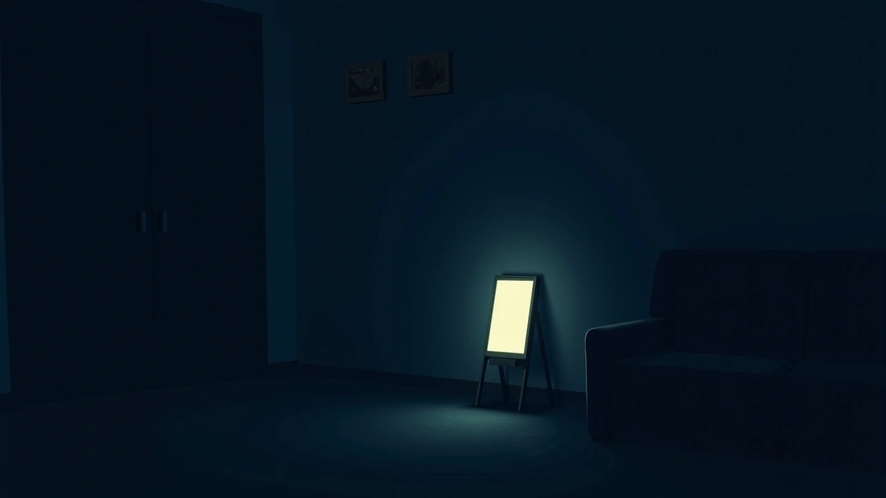 Illustration: a phone glowing softly in a quiet, dim living room at night.
