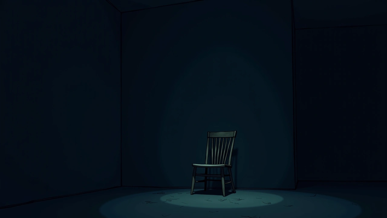 Illustration: a dim basement with an EMF detector placed under an old wooden chair.