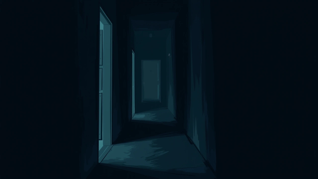 Illustration: A shadowed hallway inside an old house at dusk.