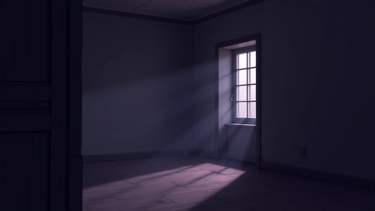 Illustration: an empty room in an old house, lit by fading afternoon light.