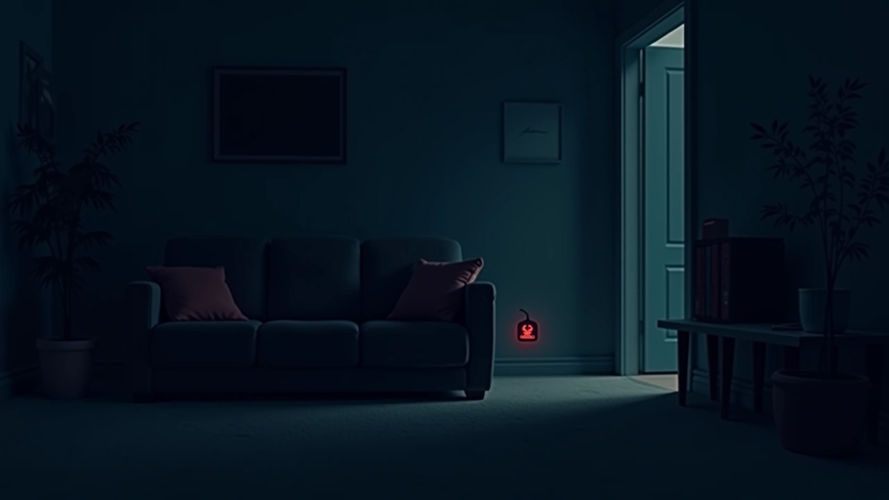 Illustration: A dim corner of a living room with a handheld EVP device glowing red.