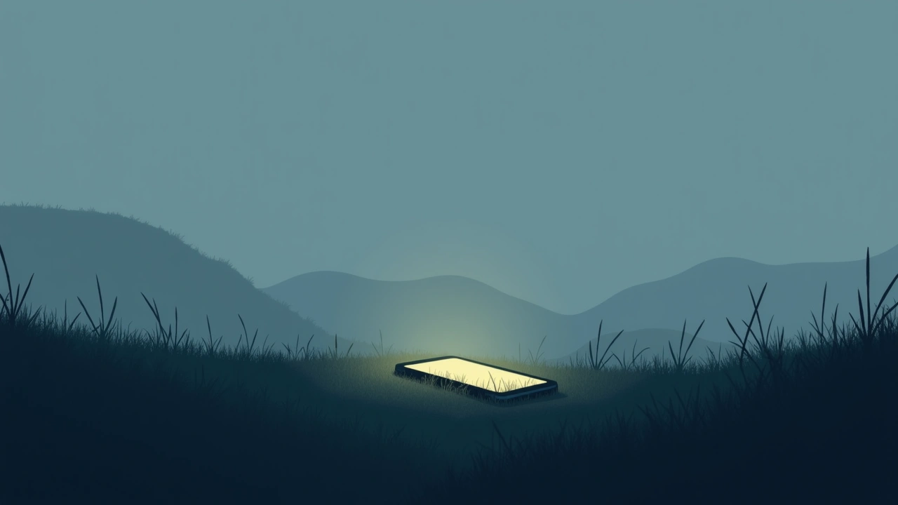 Illustration: A grassy hillside at dusk with a phone glowing on the ground.