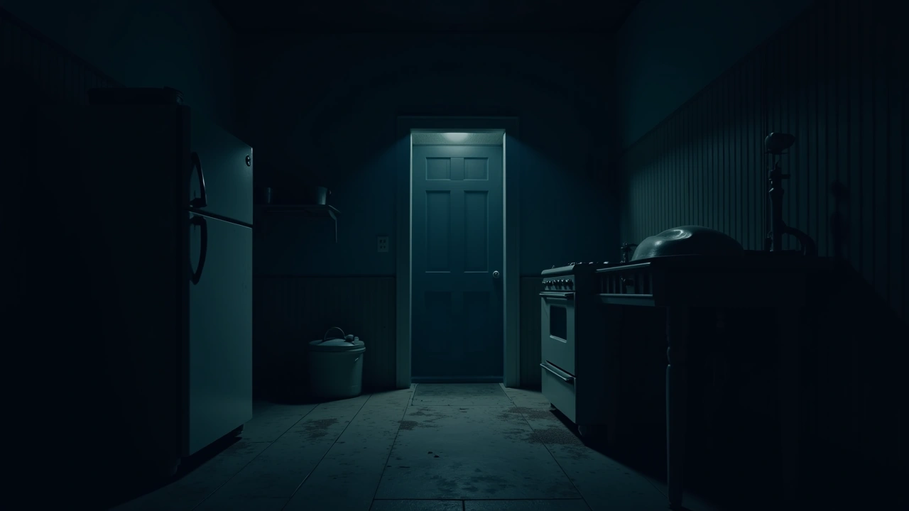 Illustration: the dim interior of an old early-1900s farmhouse kitchen at night.