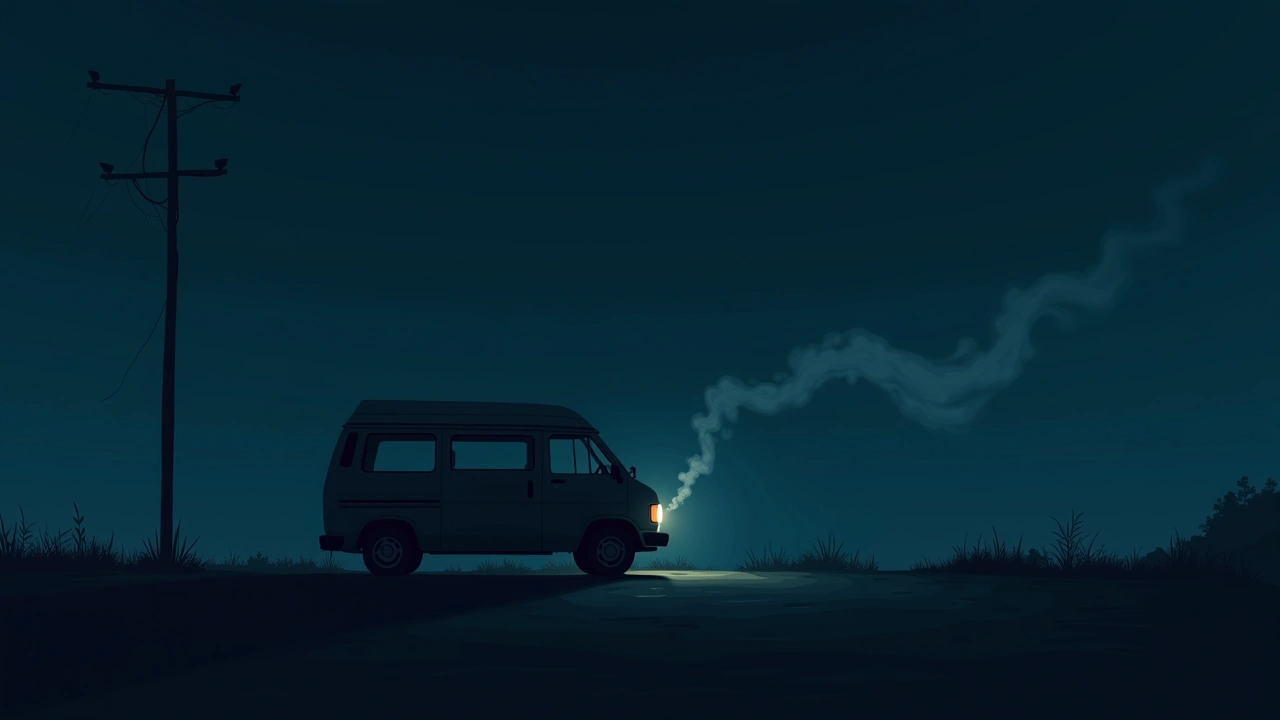 Illustration: a van parked outside on a sunny day, a thin wisp of smoke drifting in the air.