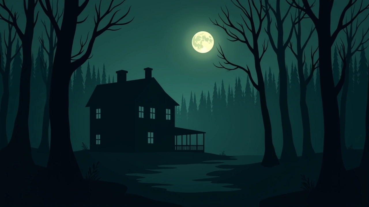 Illustration: a moonlit wooded property with an old house half-hidden among the trees.