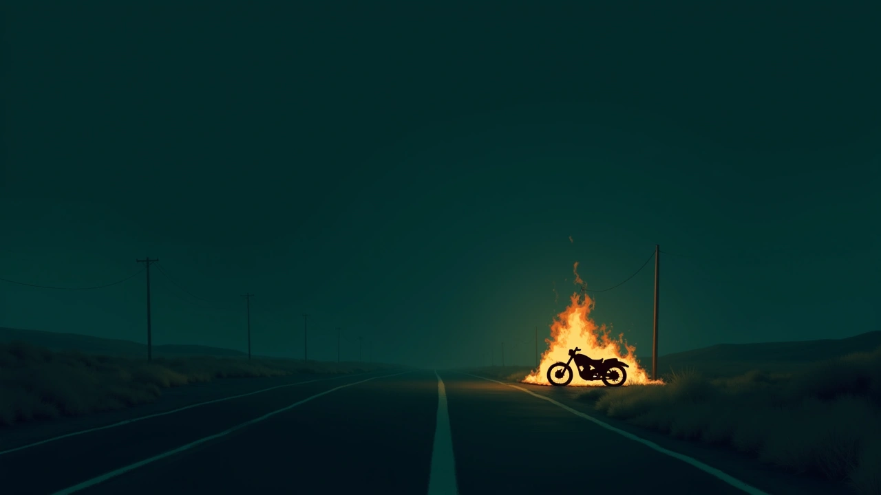 Illustration: a lone motorcycle engulfed in flames on a dark roadside at night.