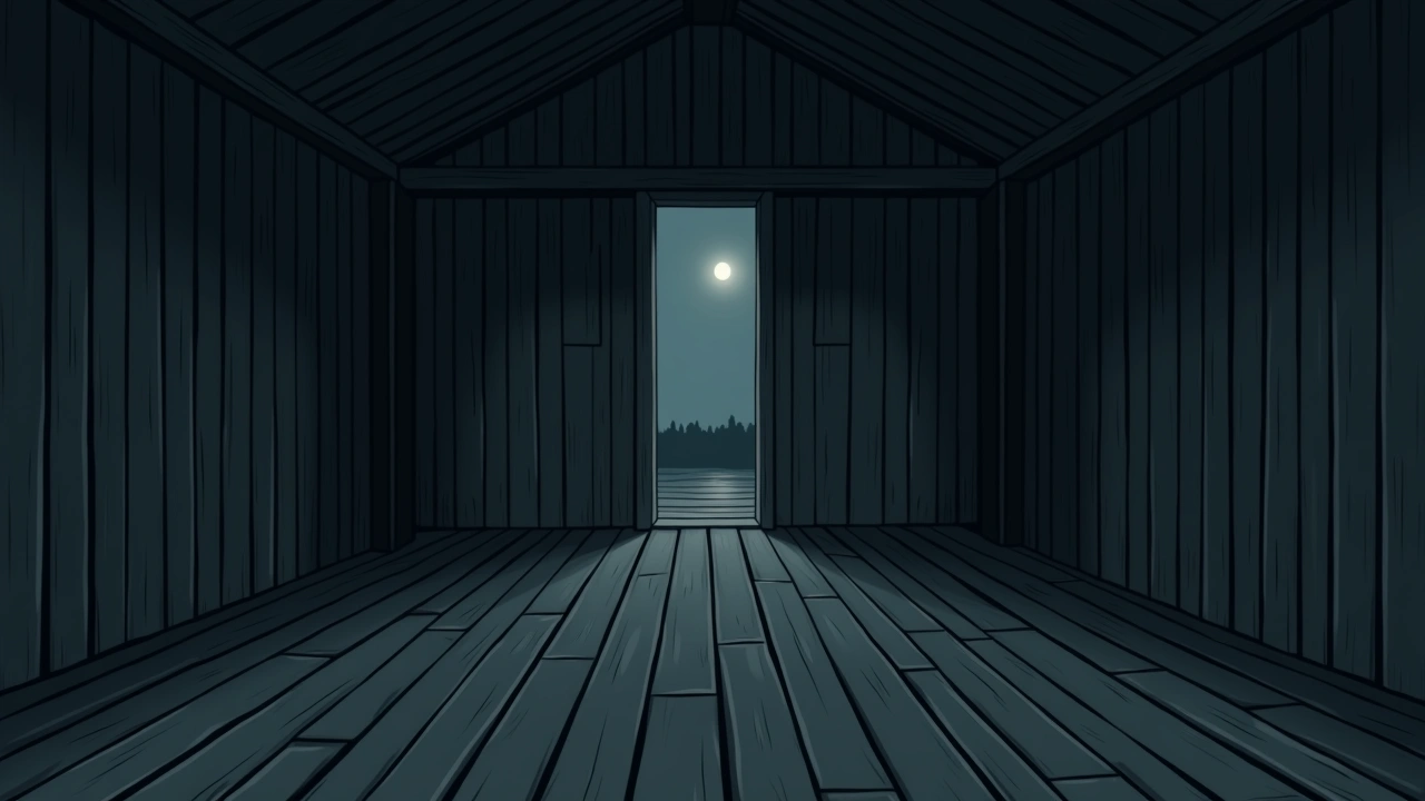 Illustration: an old wooden barn interior at night, dim light filtering through gaps in the boards.