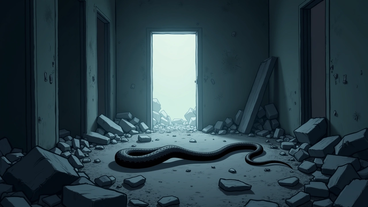 Illustration: a shed snake skin lying in the rubble of an abandoned, derelict building.