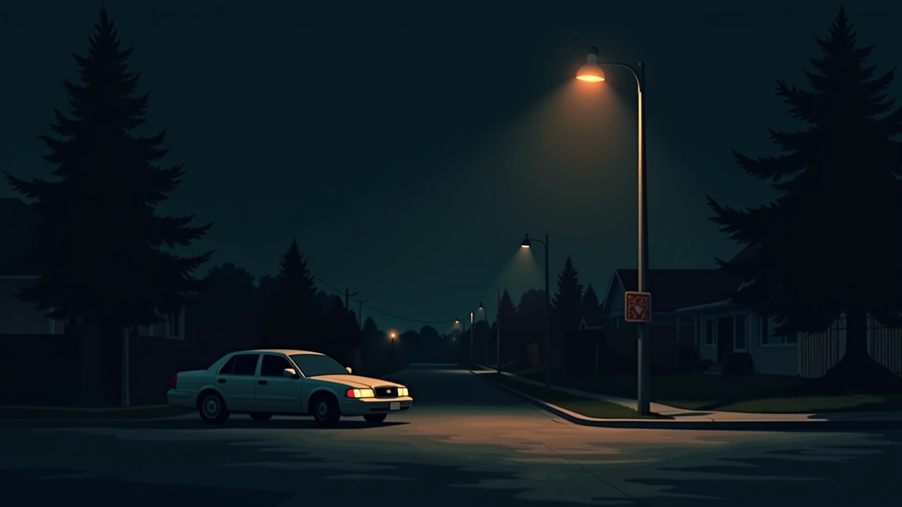 Illustration: a quiet residential street at night, a parked car beneath a streetlight just going dark.