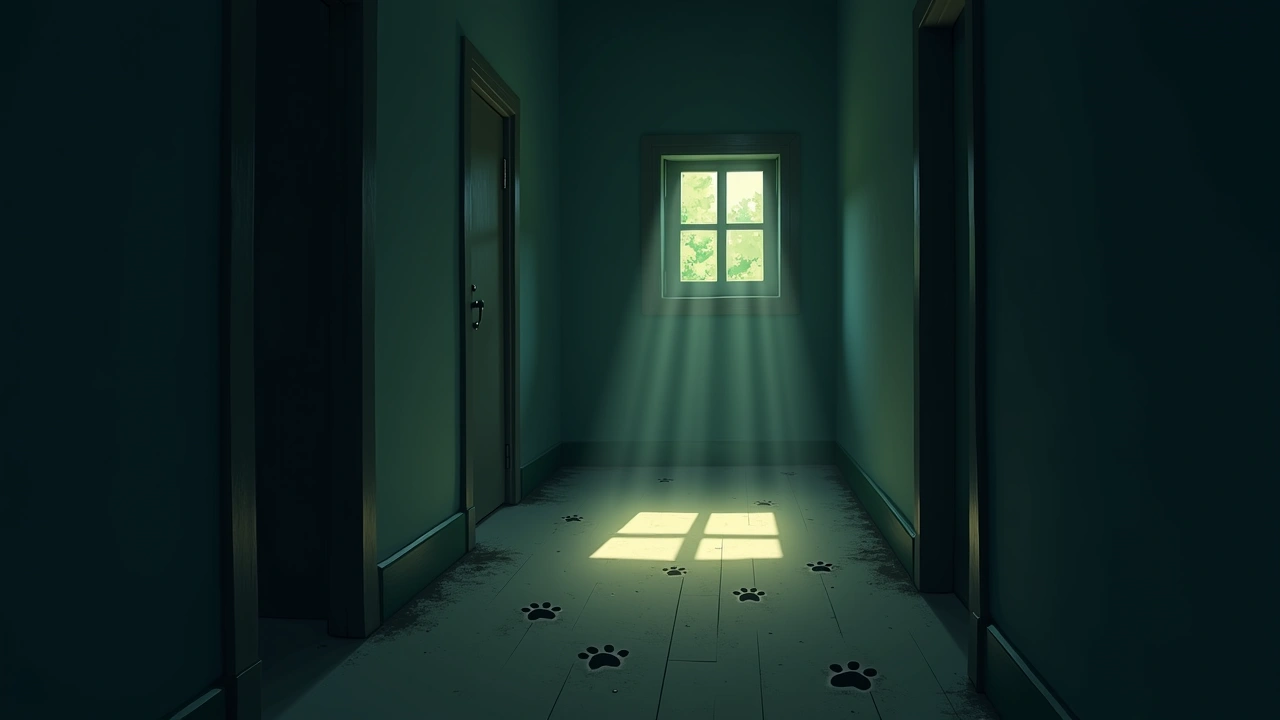 Illustration: A sunlit farmhouse hallway, a soft trail of paw prints crossing an otherwise empty floor.