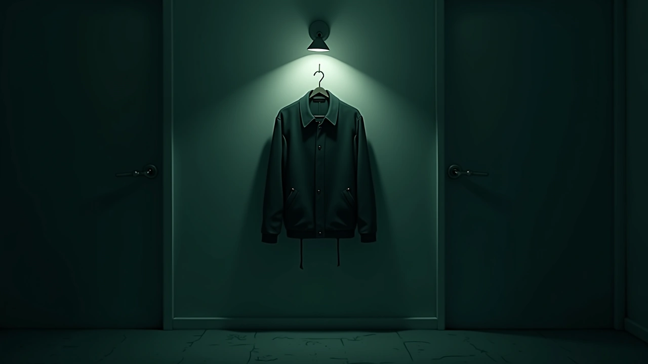 Illustration: A jacket hanging alone on a hook in soft light.