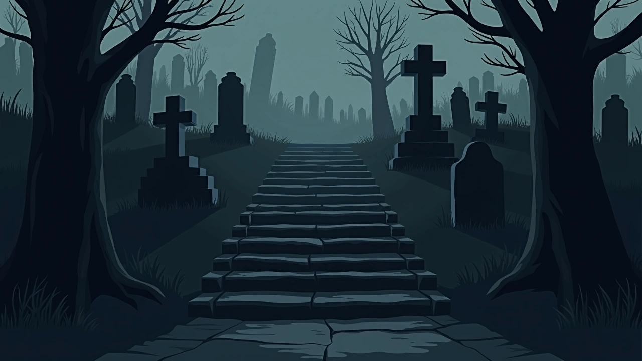 Illustration: an old stone cemetery at night, weathered headstones lining a worn stairway.