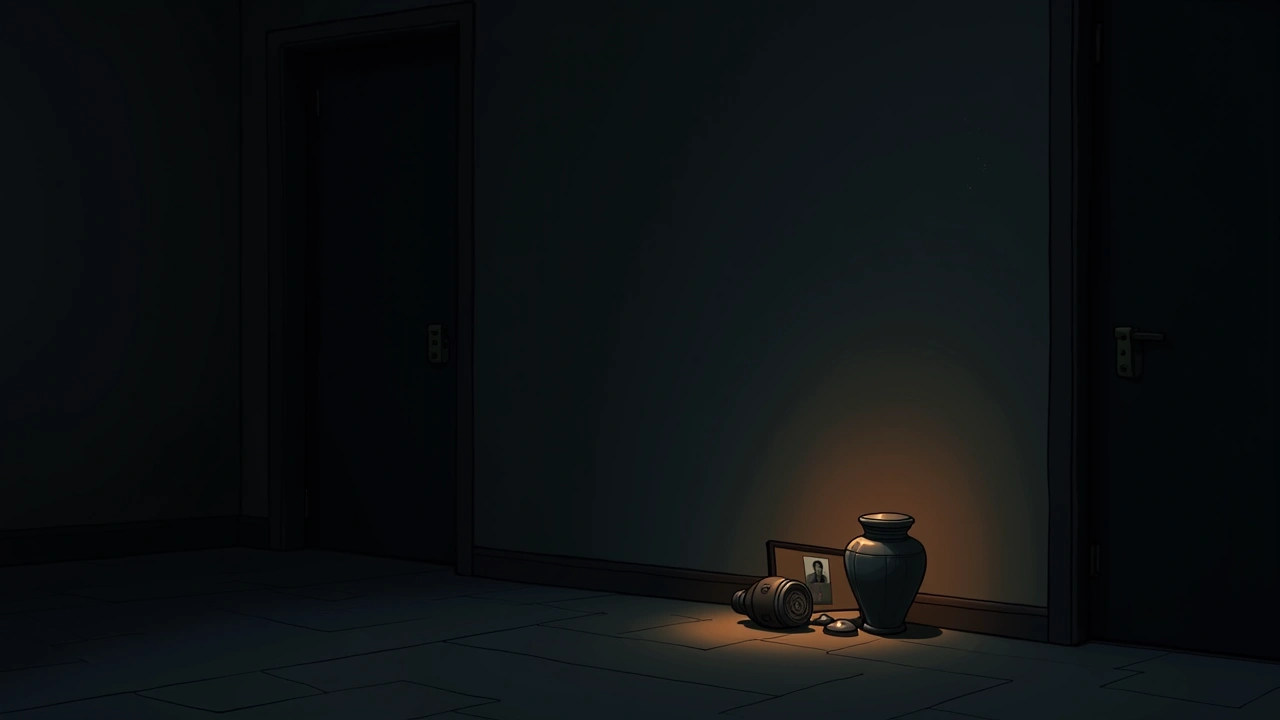Illustration: an urn and a framed photograph fallen on the floor beside a wall in a dim living room.