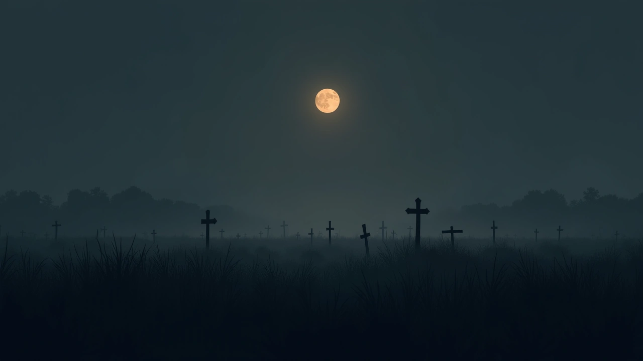 Illustration: a foggy battlefield at Gettysburg under a pale moon.