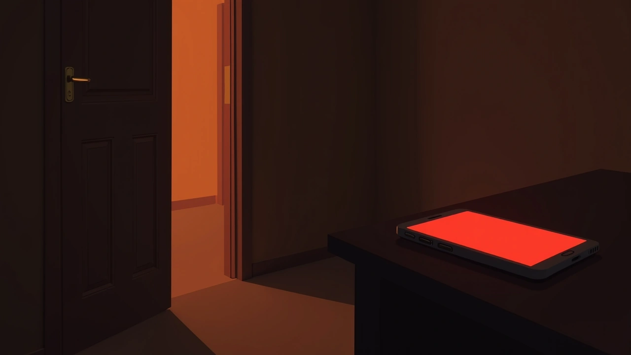 Illustration: a door creaking half-open in a dim room, a phone screen glowing solid red on a nearby table.