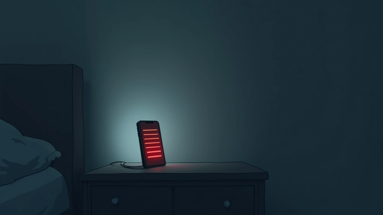 Illustration: a phone glowing on a dark nightstand, signal bars lit red.