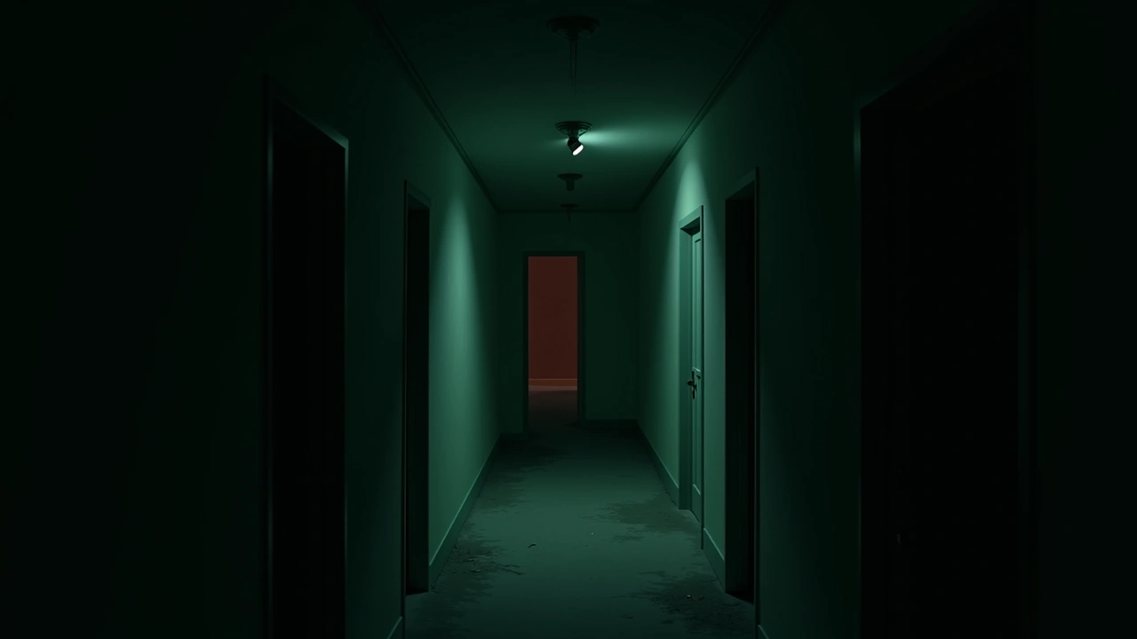 Illustration: a dim hallway in an old house glowing faintly from green to red.