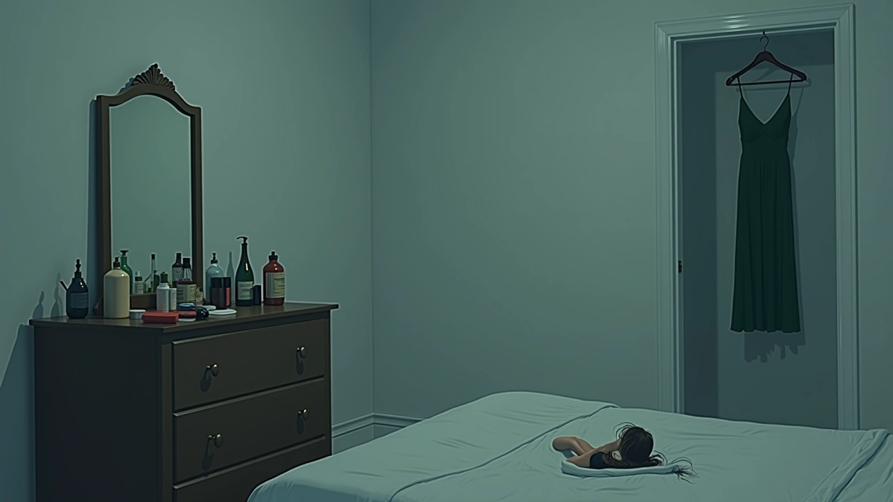 Illustration: a bedroom dresser cluttered with makeup containers, a green dress hanging nearby.