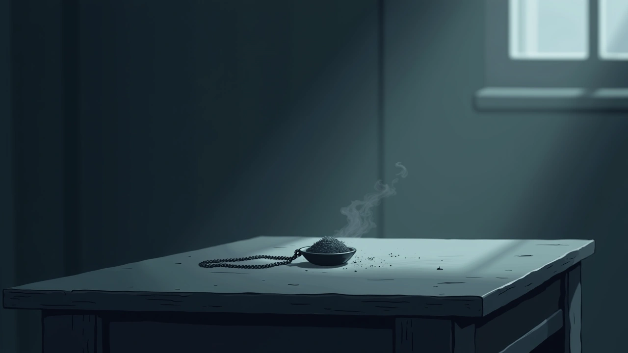 Illustration: a small pendant necklace holding ashes, resting on a table in soft light.