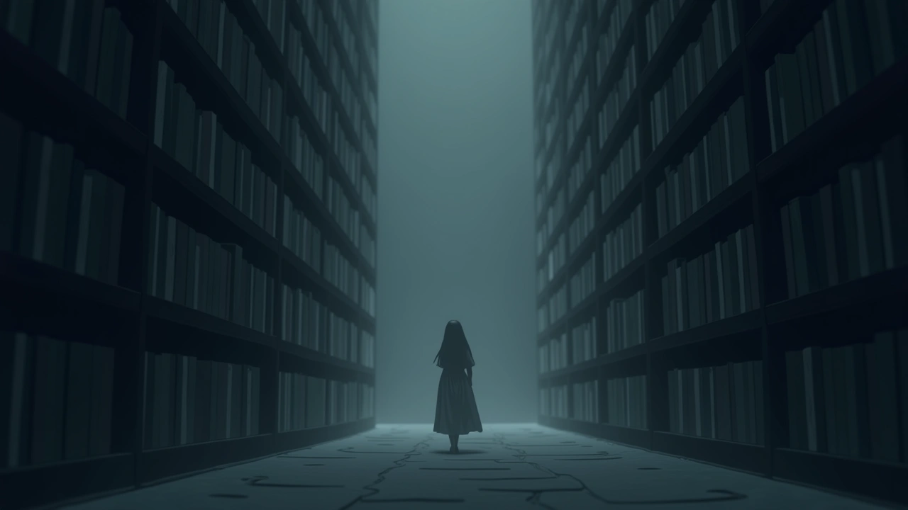 Illustration: a hushed, dimly lit library at night, tall bookshelves receding into shadow.