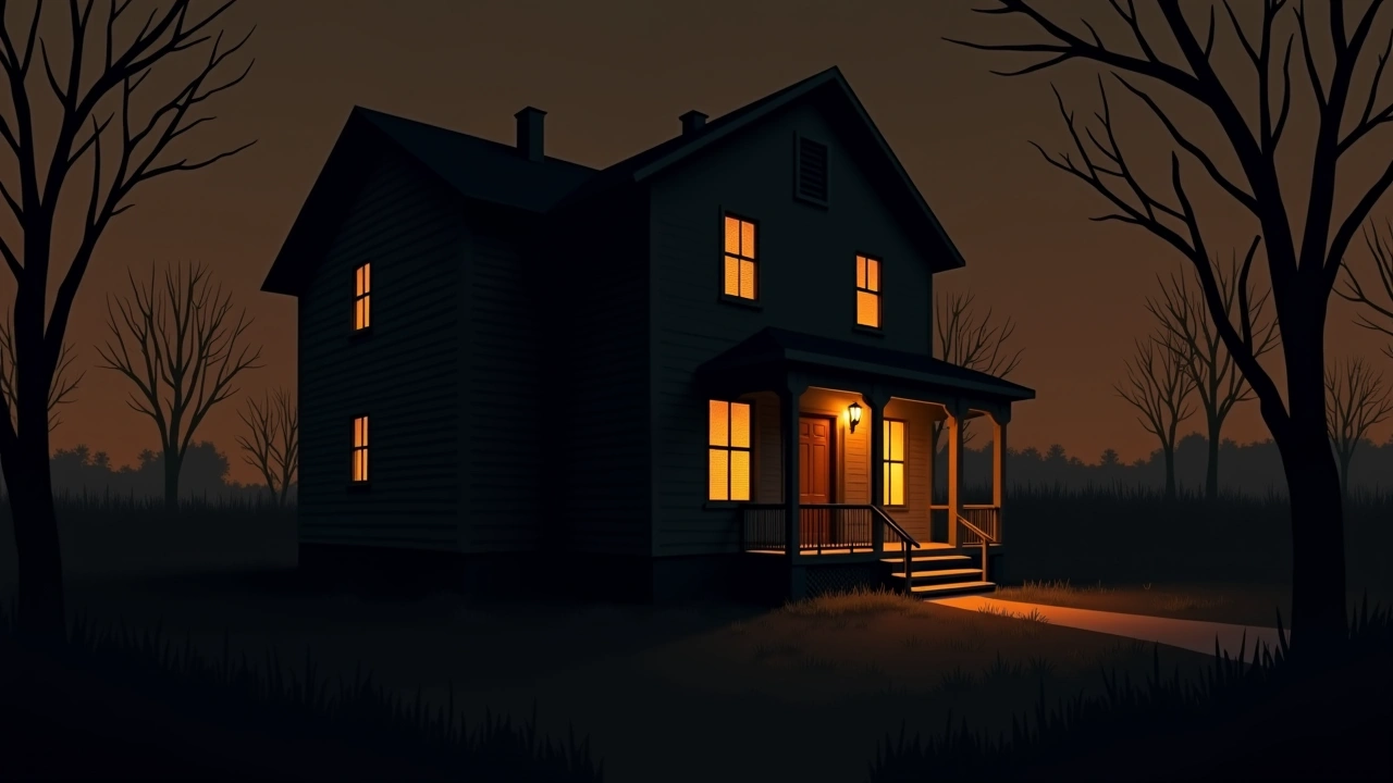 Illustration: an old house at night with dark, empty windows.