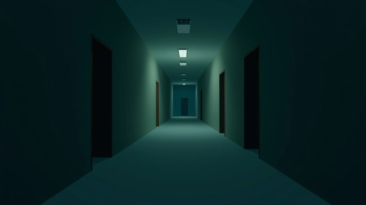 Illustration: a school hallway at dusk with an auditorium door visible in the distance.