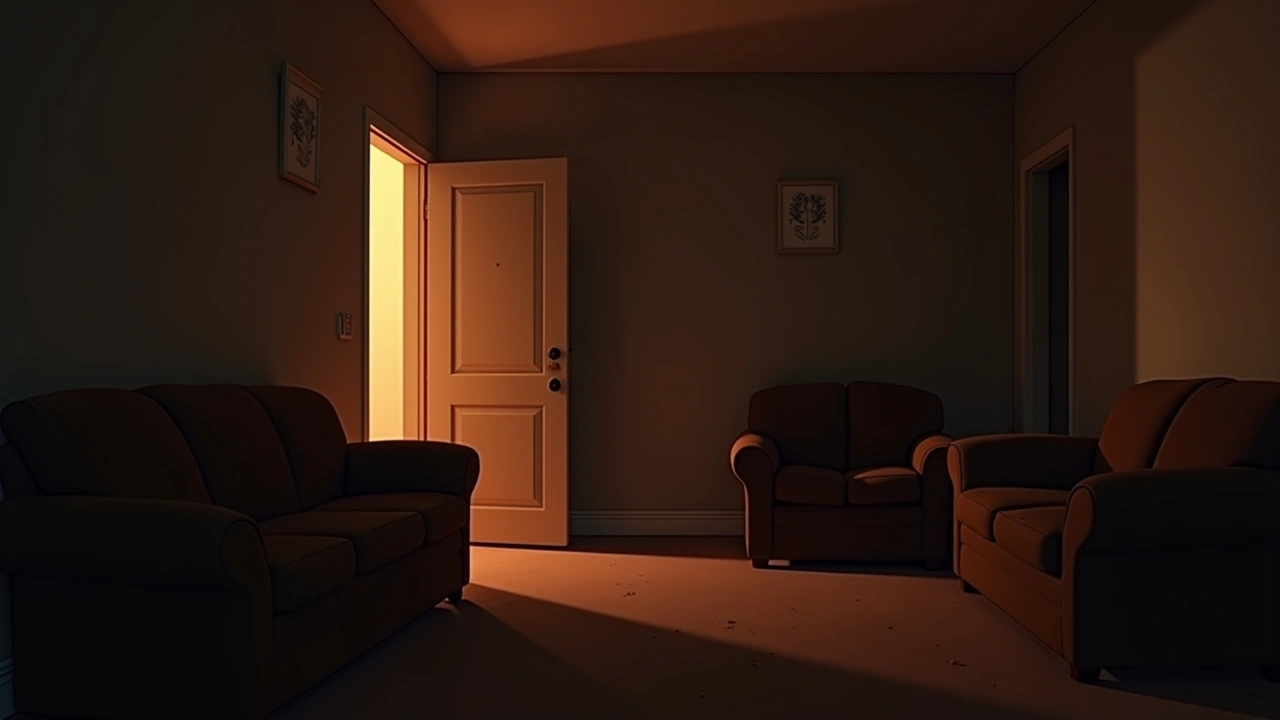 Illustration: a modest family living room lit by soft evening light.