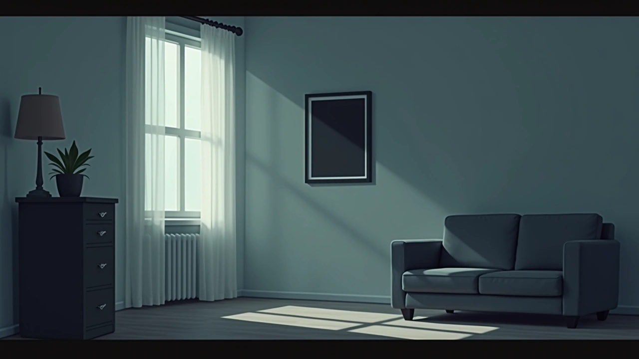 Illustration: A framed photograph trembling on a wall in a quiet living room.