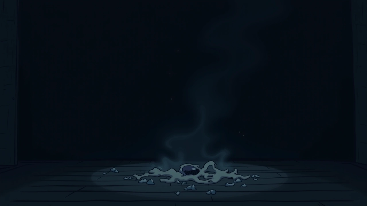 Illustration: a dim, cold room with a scattering of grey ash on the floorboards.