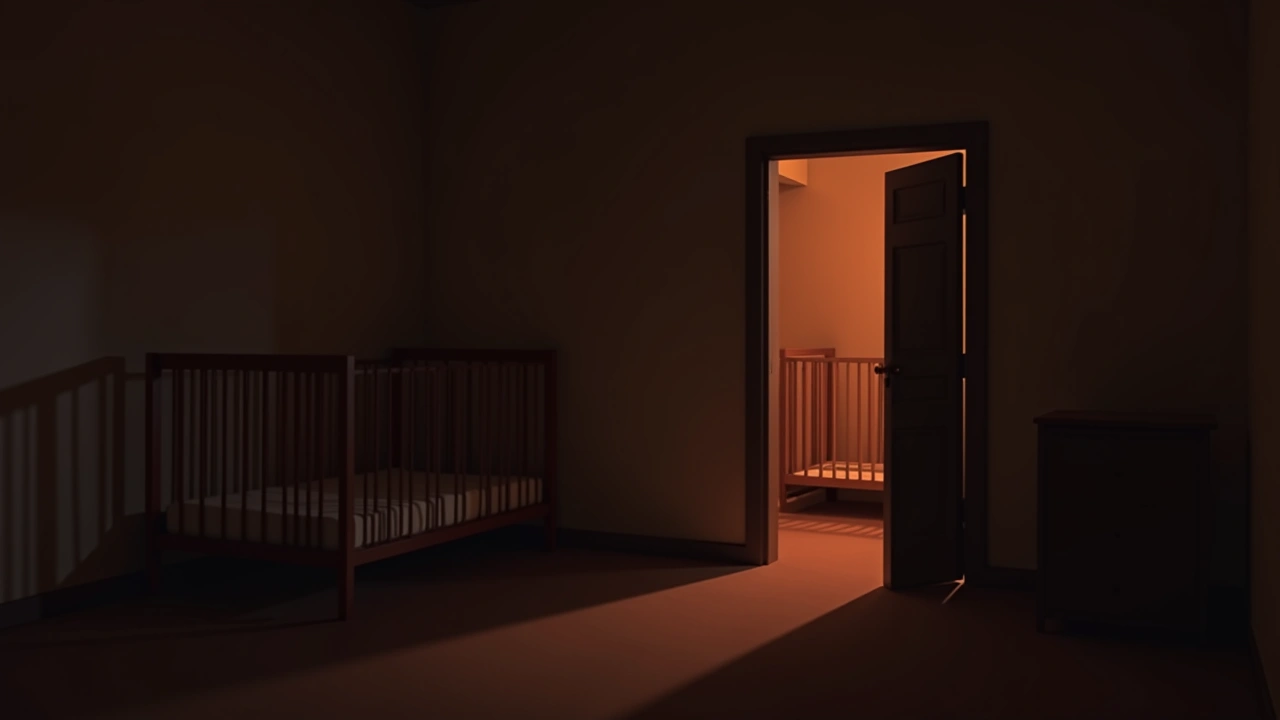 Illustration: a softly lit child's bedroom at night, a crib in the corner.