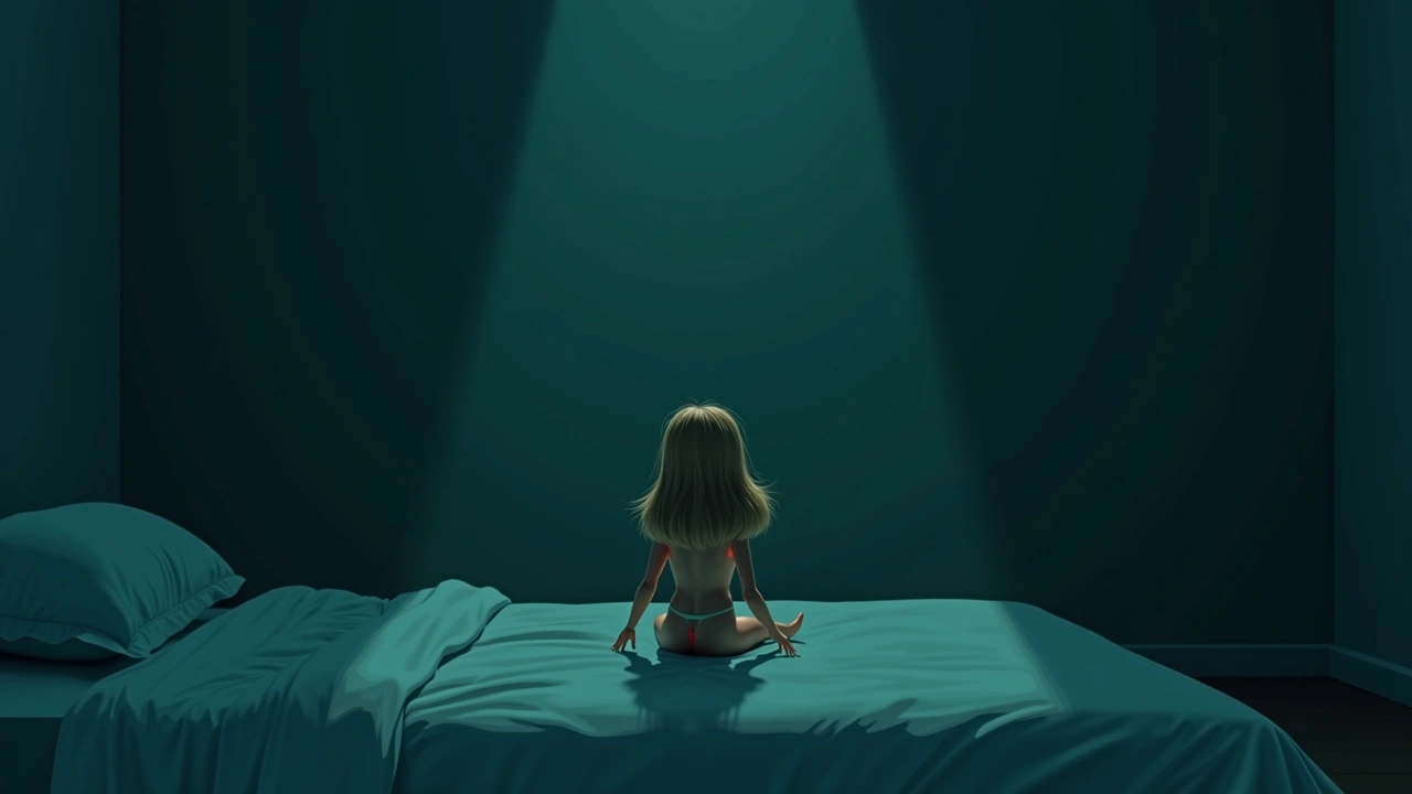 Illustration: a Barbie doll sitting alone on a bed in dim evening light.