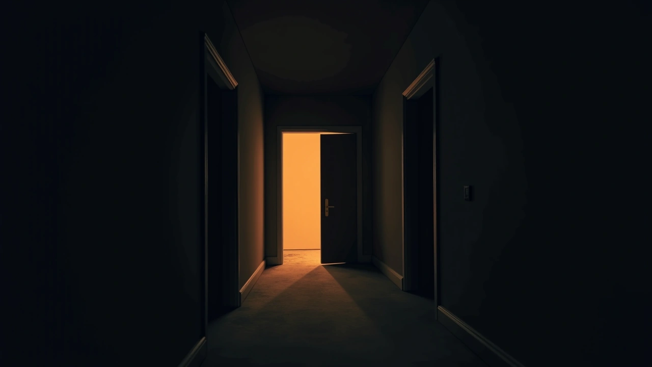 Illustration: A quiet, dimly lit family home hallway at dusk, warm light spilling softly from a doorway.