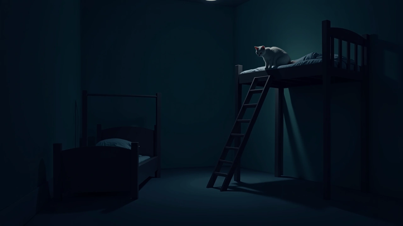 Illustration: a cat perched on a small ladder beside an elevated bed in a dim bedroom.