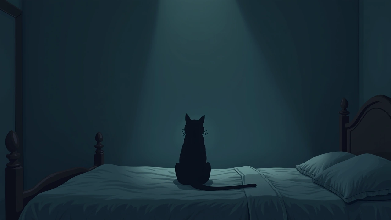 Illustration: a cat sitting on a bed at night facing a blank bedroom wall.