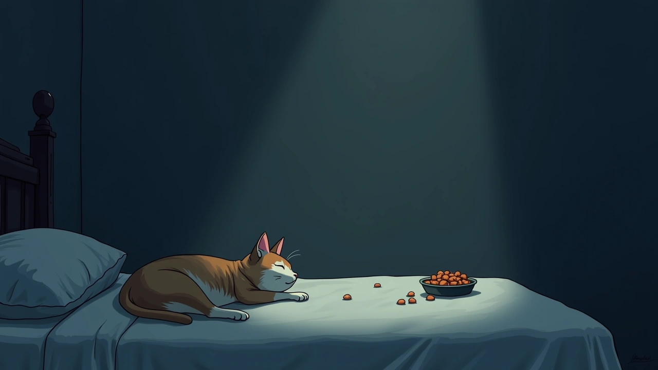 Illustration: a cat's empty sleeping spot on a bed, a small dish of treats beside it.