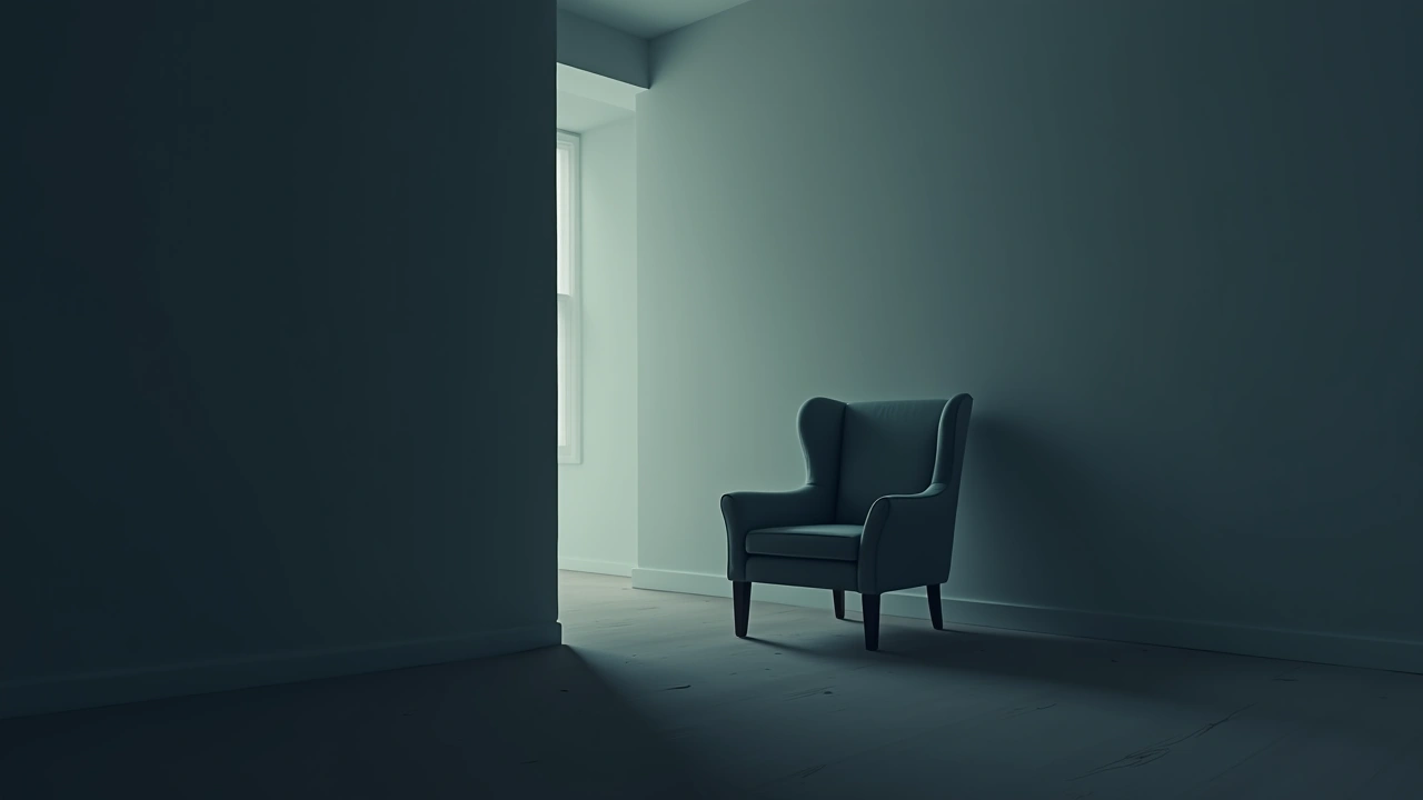 Illustration: an empty armchair shaking slightly in a dim, quiet room.