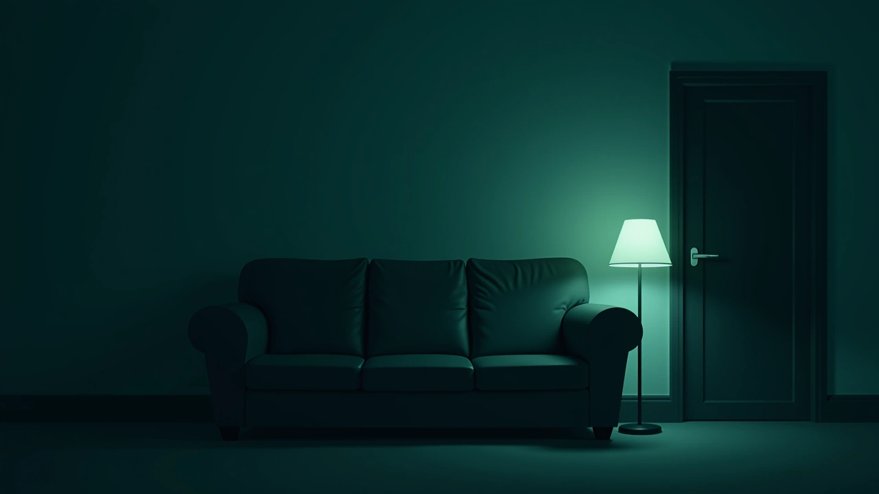 Illustration: a cozy living room couch in a quiet house, soft lamp light.