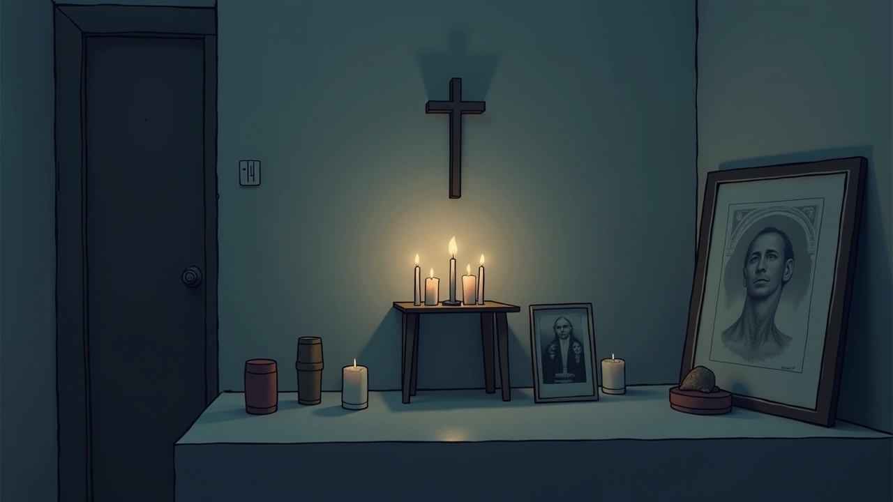 Illustration: a small home altar with candles and photographs, dimly lit.