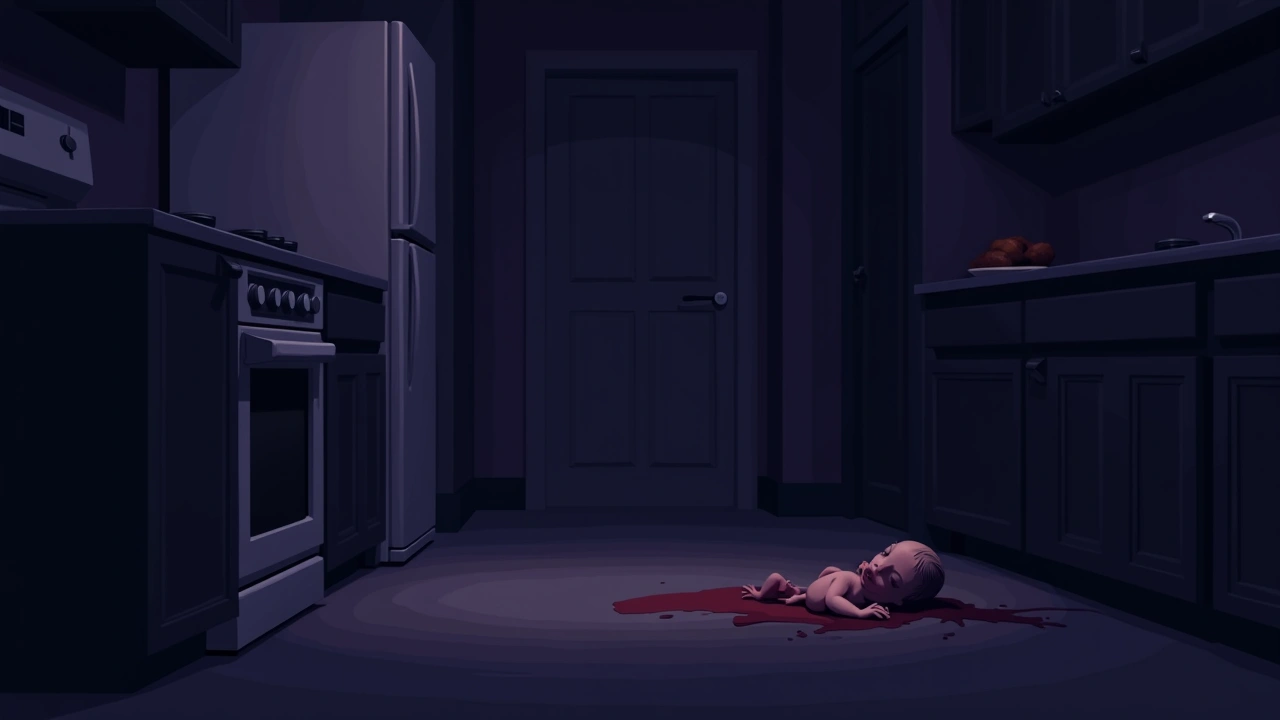 Illustration: a dim kitchen at night with a fallen household item on the floor.