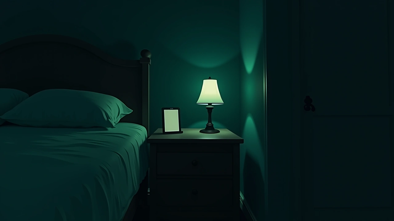 Illustration: a phone resting on a nightstand in a dim, quiet bedroom at night.
