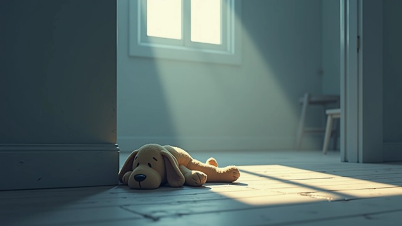 Illustration: a well-loved dog toy resting alone on a floor in soft morning light.