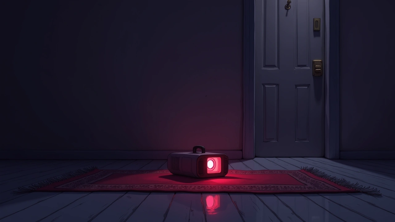 Illustration: a ghost-hunting device glowing deep red on a prayer rug in a dim room.